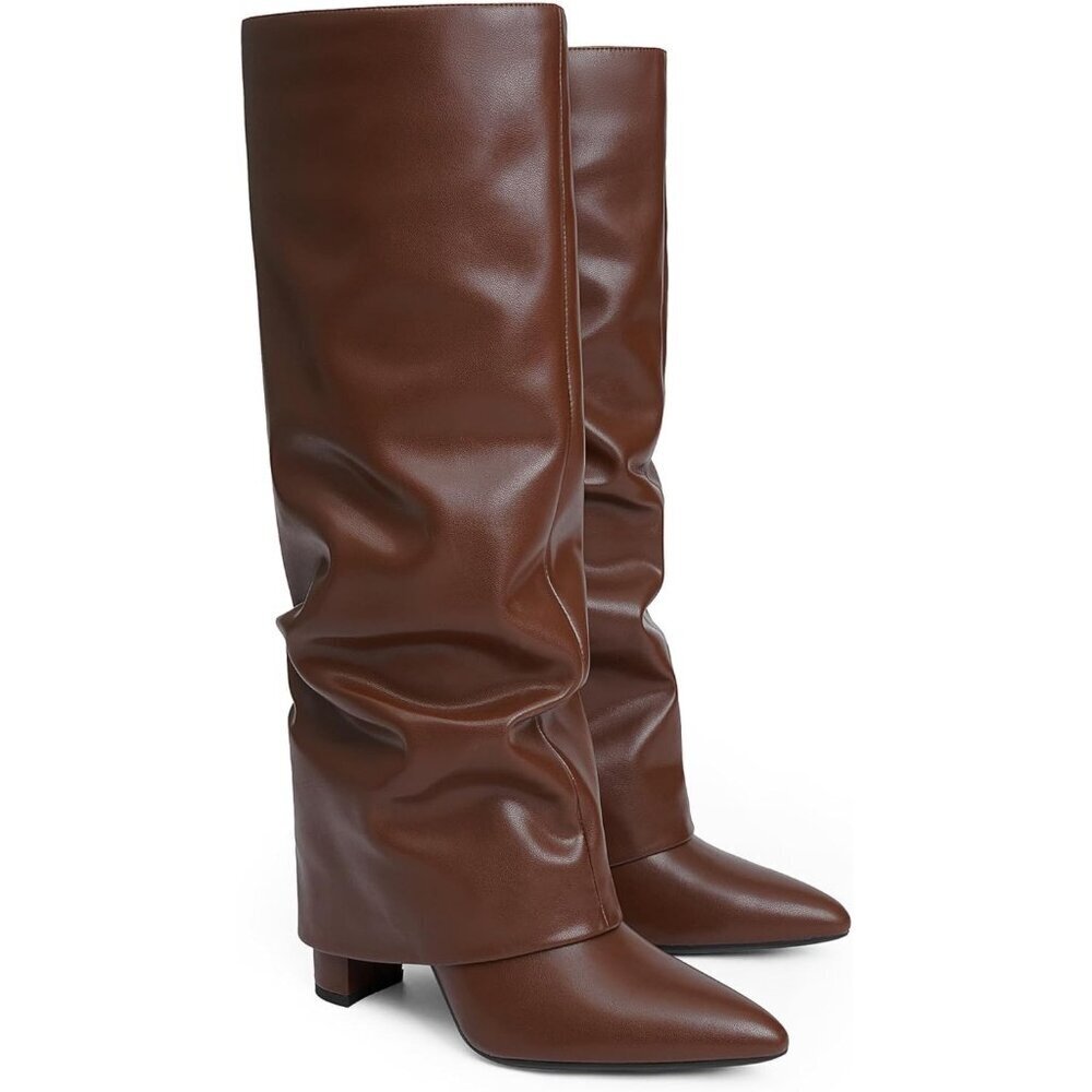 Women's Brown Modatope Knee High Fold Over Chunky Heels Zipper Tall Boots - Picture 3 of 7